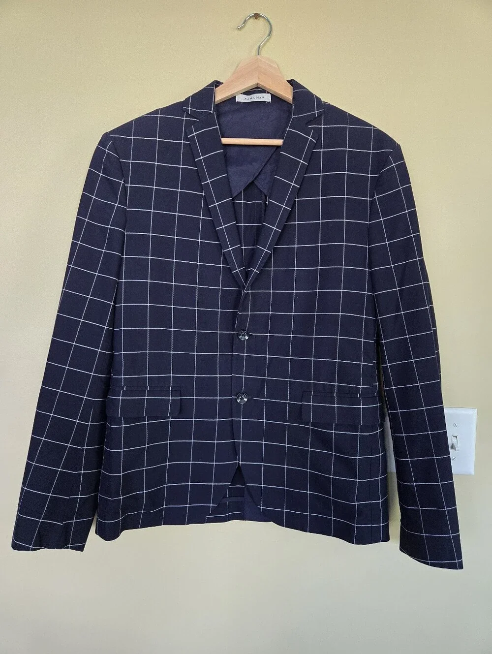 Zara Navy Windowpane Two-Button Blazer